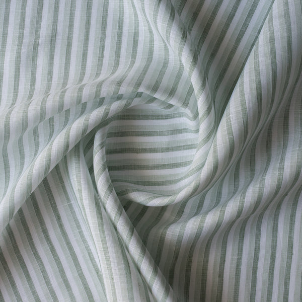 Close-up of Coastal Sage Stripe linen fabric with soft sage-green and white yarn-dyed stripes, 100% linen, 130 GSM, 60 LEA