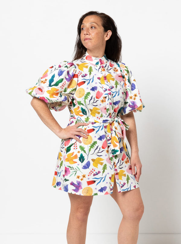 Dallas woven shirt and dress sewing pattern in floral printed fabric