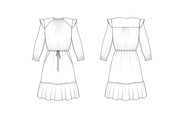 Davenport Dress Sewing Pattern – pull-on ruffle sleeve dress with elastic waist & pockets (XS–7X)
