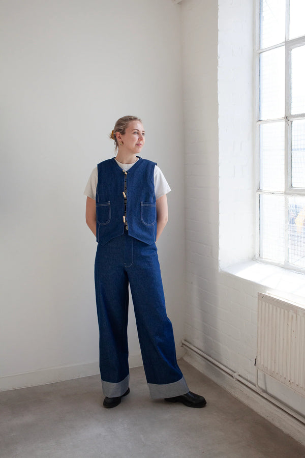 lady wearingWaistcoat made using Devon Waistcoat Sewing Pattern PDF – Relaxed fit, fully lined, reversible design with patch pockets and button or snap closures.