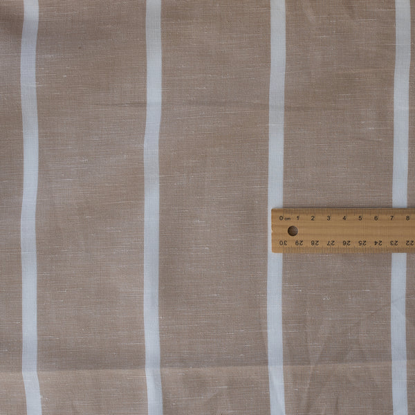 Dune Stripe Yarn-Dyed Linen Blend Fabric – deep beige with evenly spaced white stripes, lightweight 130 GSM
