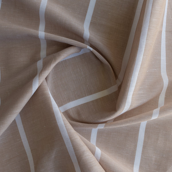 Dune Stripe Yarn-Dyed Linen Blend Fabric – deep beige with evenly spaced white stripes, lightweight 130 GSM