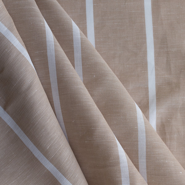 Dune Stripe Yarn-Dyed Linen Blend Fabric – deep beige with evenly spaced white stripes, lightweight 130 GSM