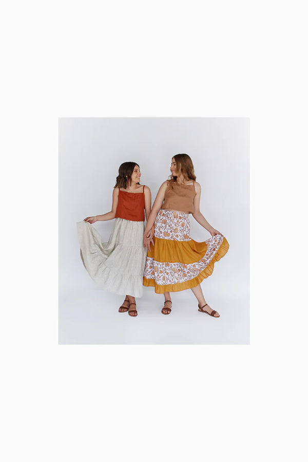 ladies wearng skirt made of Fawn Skirt Set PAPER Pattern - Gathered Mini, Maxi, and Shirred Mini Skirt Patterns