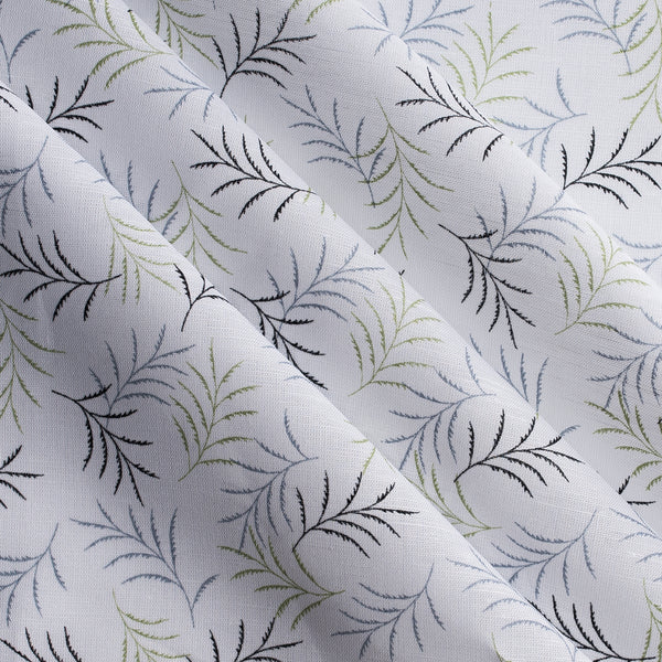 Fern Breeze Linen Blend Fabric – delicate leaf pattern in green, grey & black on white, lightweight 136 GSM