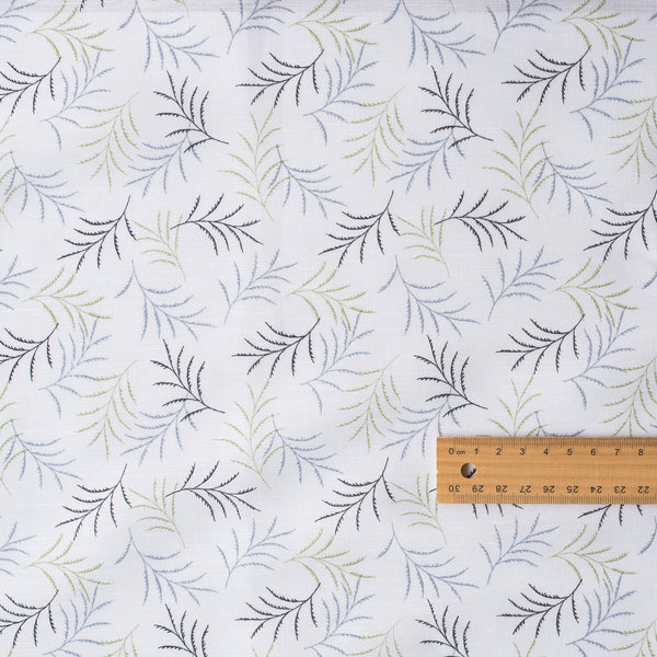 Fern Breeze Linen Blend Fabric – delicate leaf pattern in green, grey & black on white, lightweight 136 GSM