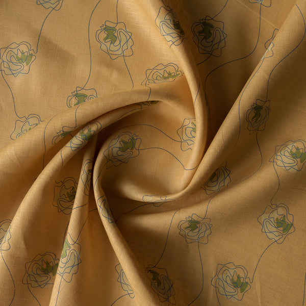 Golden Sketch Bloom linen fabric with golden mustard base and blue line-drawn floral design with green accent