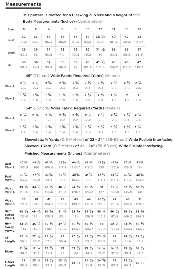 Size chart - Grainline Studio Hadley Top sewing pattern featuring jewel neck with back pleat for View A, and sleeveless v-neck for View B