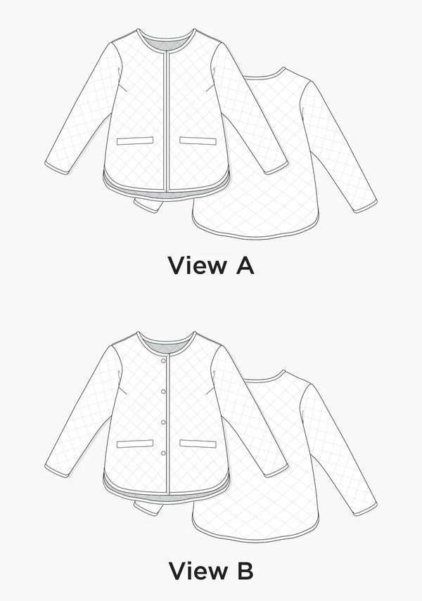 Stylish Tamarack Jacket sewing pattern, perfect for quilted layering, available from Grainline Studio at de Linum