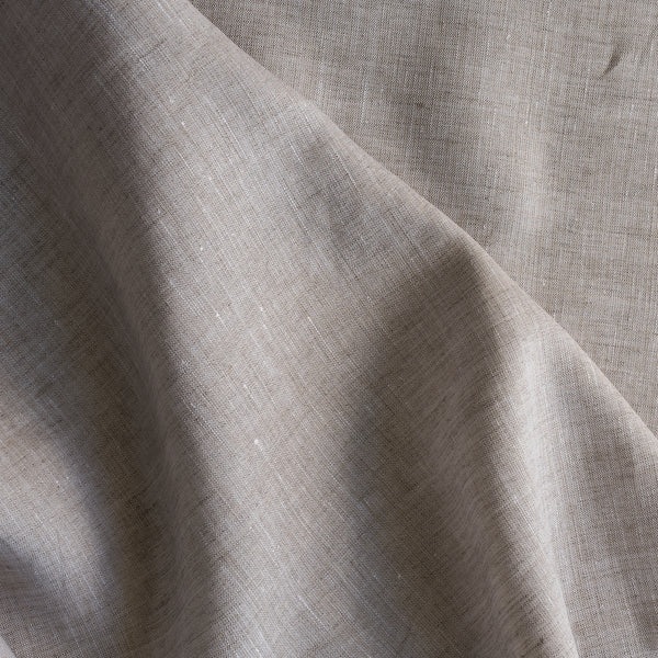 Greige Chambray Linen Fabric – yarn-dyed warm grey-beige chambray weave, 100% linen