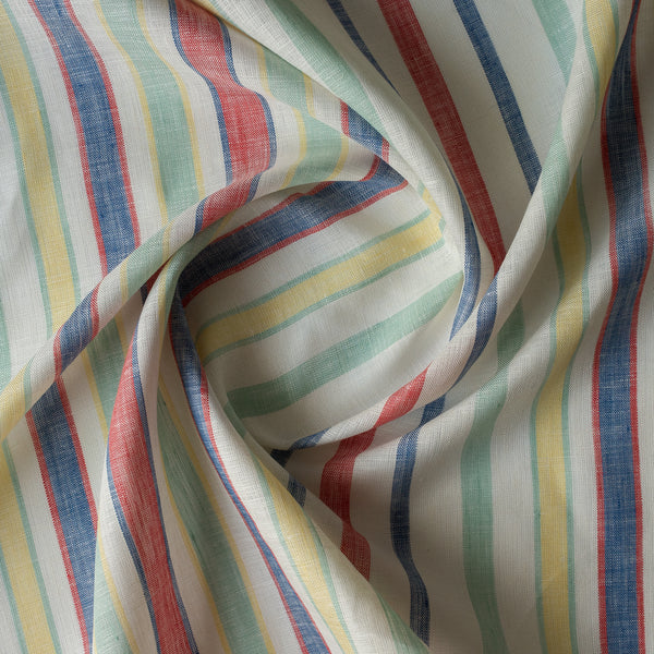Harbour Carnival linen–cotton fabric with multi-colour yarn-dyed stripes in navy, red, yellow, aqua and green on white, 145 GSM, 44 LEA