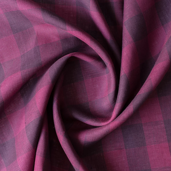 Close-up of Plumberry Gingham linen fabric in three-tone plum and berry, evenly spaced gingham, 100% linen, 130 GSM, yarn dyed