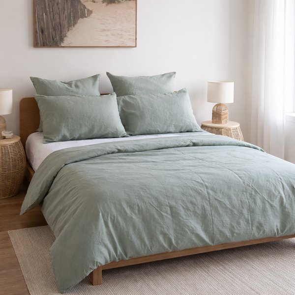 Harbour Sage 100% linen duvet cover soft sage green breathable bedding