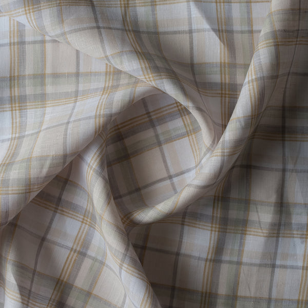 Honey Reed Plaid linen fabric with warm golden, grey and white yarn-dyed stripes, 100% linen, 135 GSM, 60 LEA