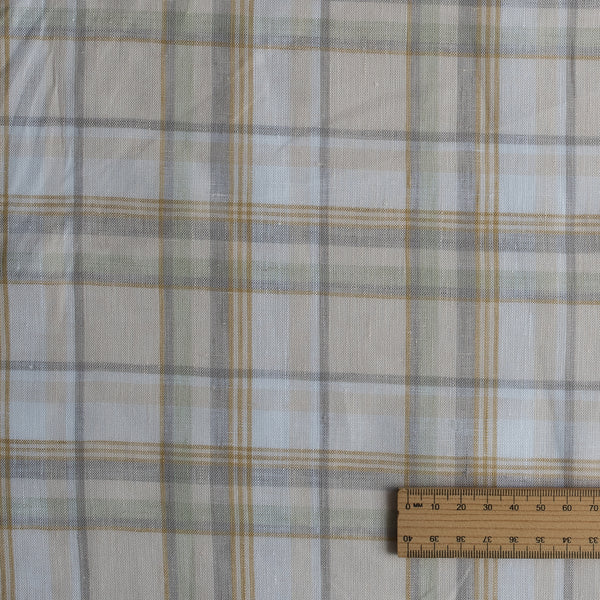 Honey Reed Plaid linen fabric with warm golden, grey and white yarn-dyed stripes, 100% linen, 135 GSM, 60 LEA