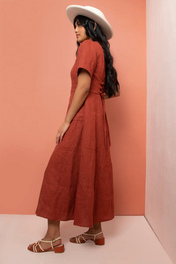 Hughes Dress Sewing Pattern – scoop neck A-line dress with button front and lace-up tie back (XS–7X)