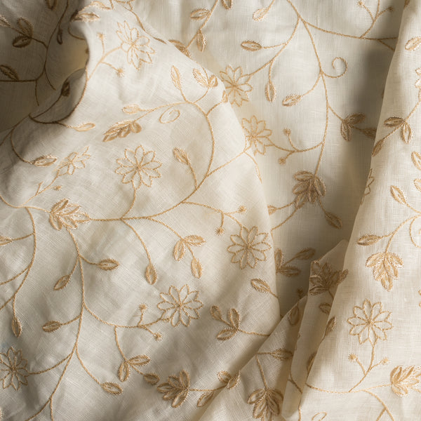Ivory Bloom Embroidered Linen Fabric – lightweight natural linen with tonal leafy vine embroidery