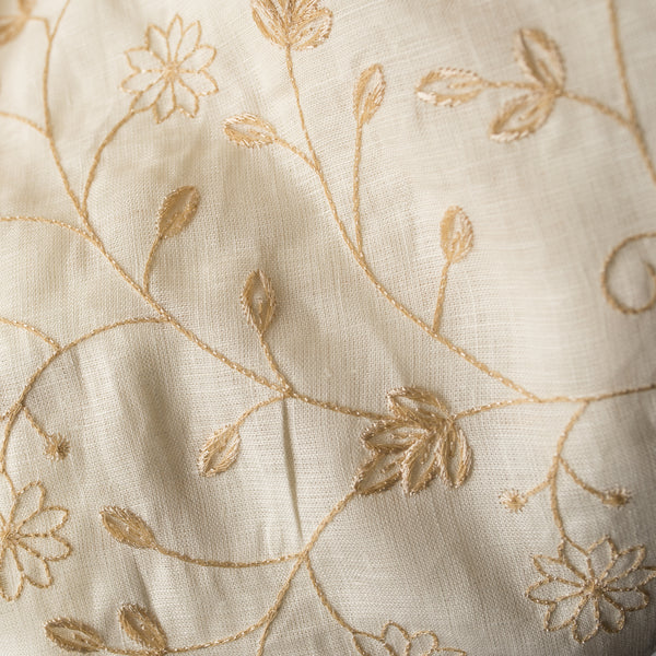 Ivory Bloom Embroidered Linen Fabric – lightweight natural linen with tonal leafy vine embroidery