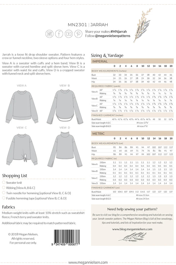 Jarrah sweater garment with size chart and fabric requirements on a white background