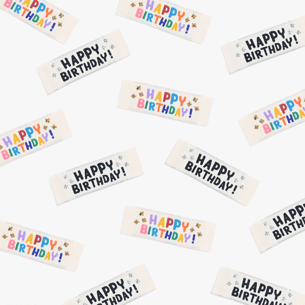 Happy Birthday woven KATM sewing labels for handmade gifts, clothes, and DIY sewing projects