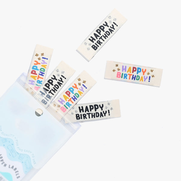 Happy Birthday woven KATM sewing labels for handmade gifts, clothes, and DIY sewing projects