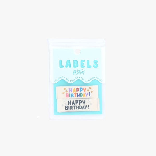 Happy Birthday woven KATM sewing labels for handmade gifts, clothes, and DIY sewing projects