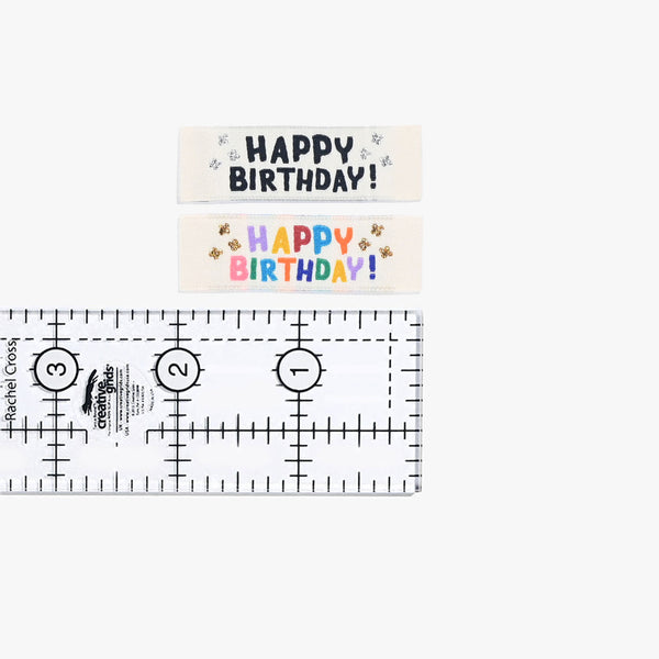 Happy Birthday woven KATM sewing labels for handmade gifts, clothes, and DIY sewing projects