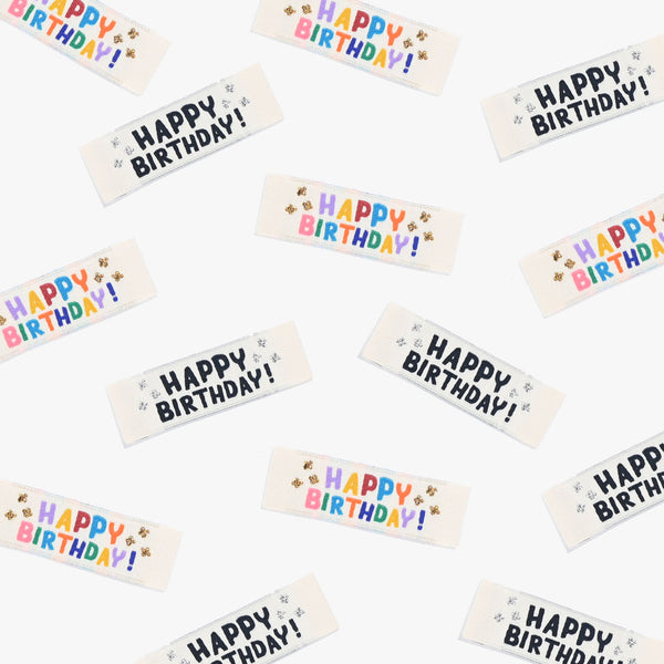 Happy Birthday woven KATM sewing labels for handmade gifts, clothes, and DIY sewing projects