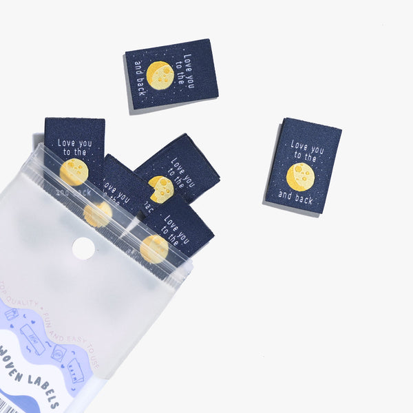 Love You To The Moon and Back woven KATM sewing labels for handmade clothes and DIY sewing projects