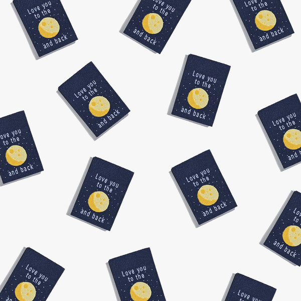 Love You To The Moon and Back woven KATM sewing labels for handmade clothes and DIY sewing projects