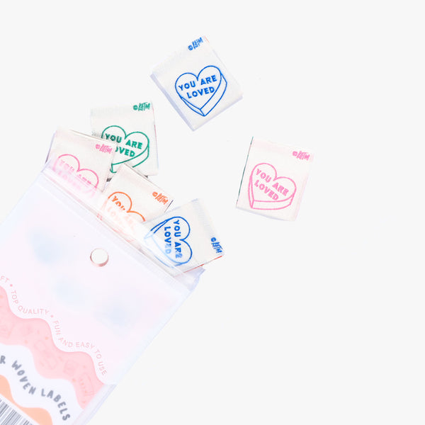 You Are Loved woven KATM sewing labels for handmade clothes and DIY sewing projects
