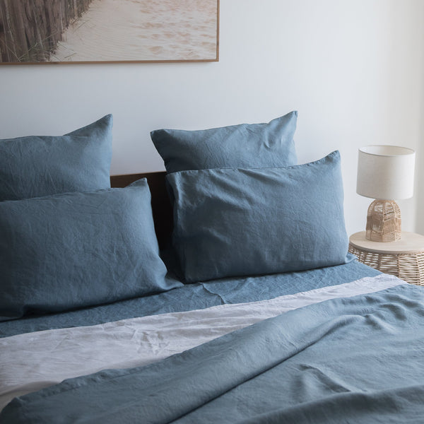 Lake blue 100% linen duvet cover soft blue grey breathable bedding