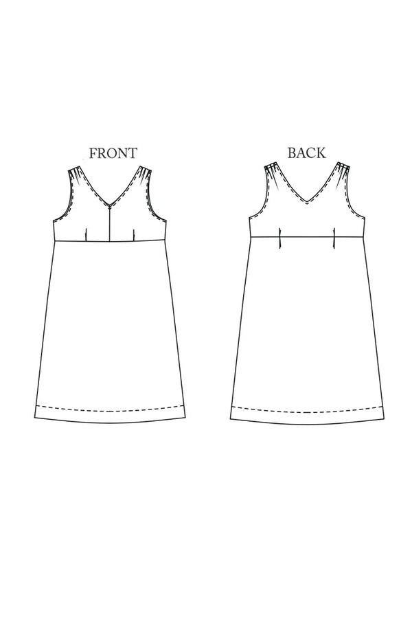 Line drawing ofThe Lilian Sewing Pattern by Merchant & Mills front and back view on a white background