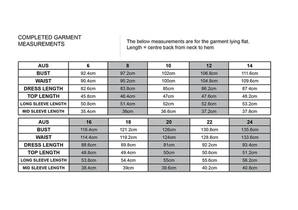 size chart of Lilly Pilly Dress + Top Sewing Pattern - Wrap Dress & Tie-front Top