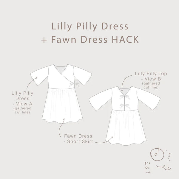 line drawing of Lilly Pilly Dress + Top Sewing Pattern - Wrap Dress & Tie-front Top