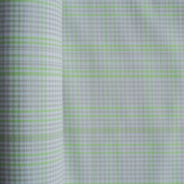 Lime Green Plaid Linen Blend Fabric – lightweight linen-cotton, lime green & grey plaid on white background (135 GSM)