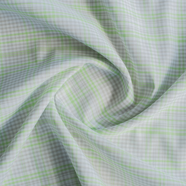 Lime Green Plaid Linen Blend Fabric – lightweight linen-cotton, lime green & grey plaid on white background (135 GSM)