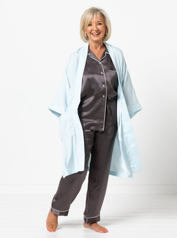 Loungewear Kimono/Robe sewing pattern, featuring a traditional robe with patch pockets and tie belt, ideal for silk, lawn, flannelette, cotton, rayon, or linen fabrics.