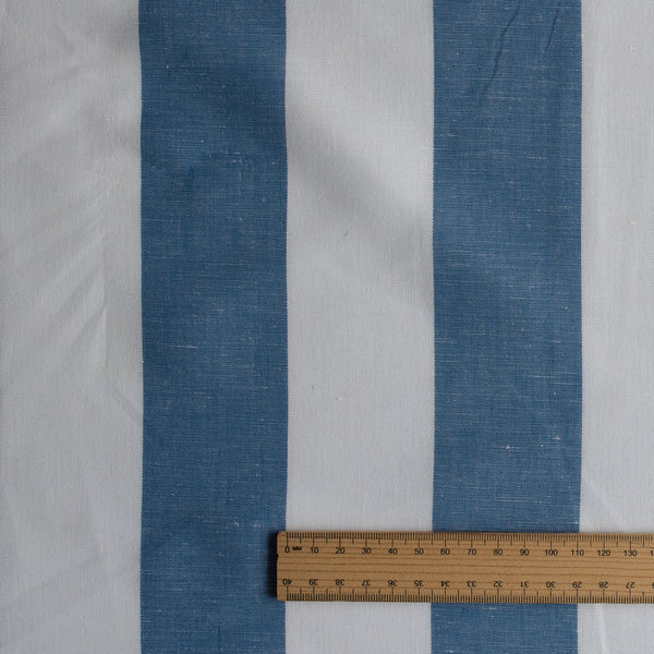 Close up of Marine Breeze Stripe linen–cotton fabric with jumbo blue and white yarn-dyed stripes, 135 GSM, 44 LEA