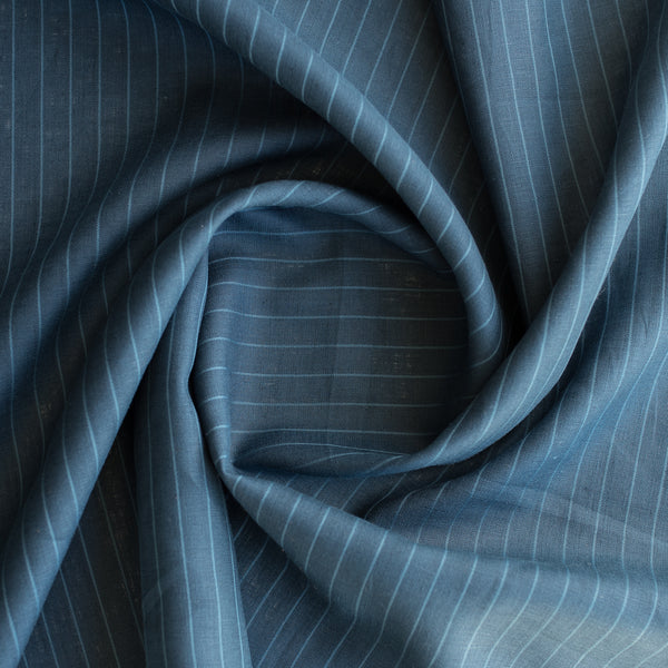 Midnight Stripe Linen Blend Fabric – navy blue base with dark blue stripes, lightweight 135 GSM