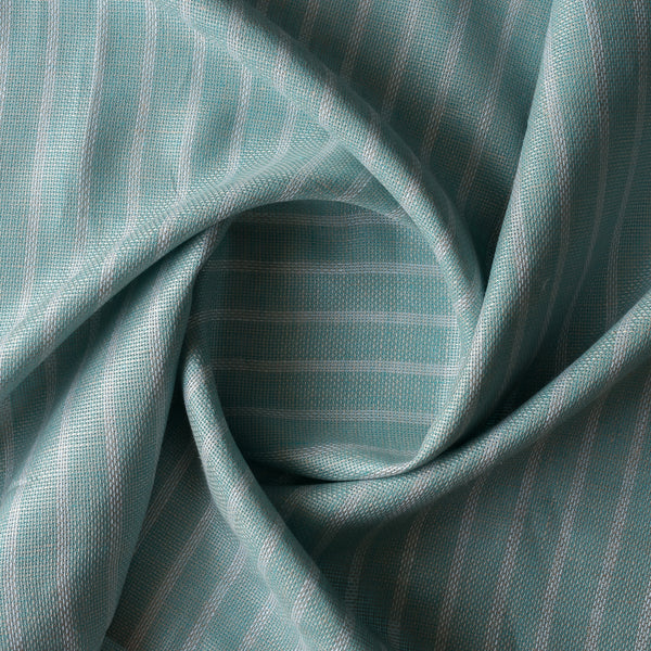 Mint Shore Stripe linen fabric with aqua–mint base, white vertical stripes and a subtle wave-like textured weave, 160 GSM