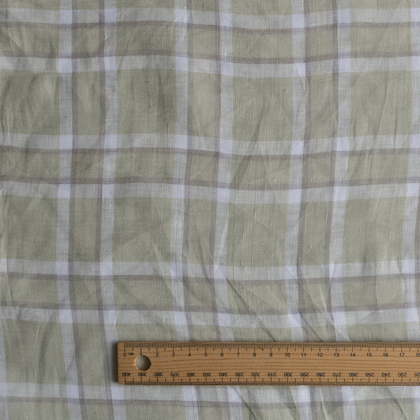Misty Sage Check linen fabric in light sage with grey and white grid, yarn dyed, 100% linen, 135 GSM, 60 LEA