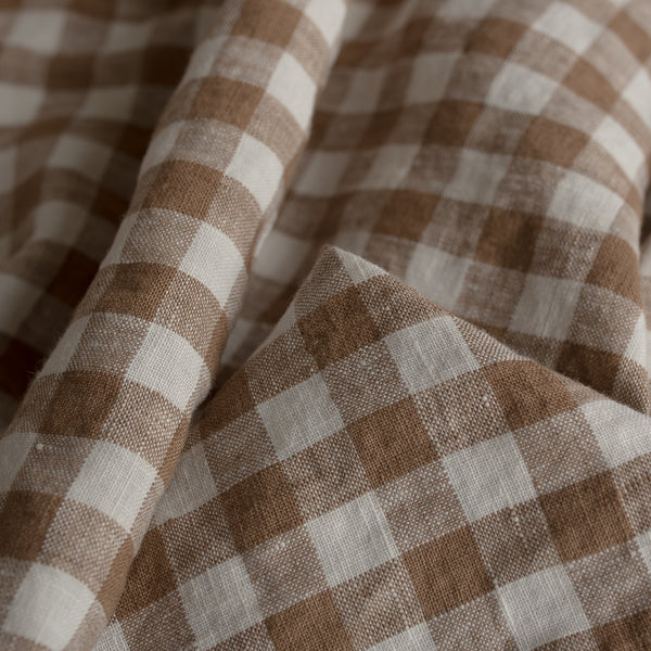 Mocha Gingham 100% Linen Fabric with 1.25cm checks in mocha and off-white – extra wide, European Flax™ certified