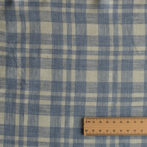 Moss Glen Plaid linen fabric in soft moss green and rustic blue, yarn-dyed plaid, 100% linen, 130 GSM, 60 LEA.