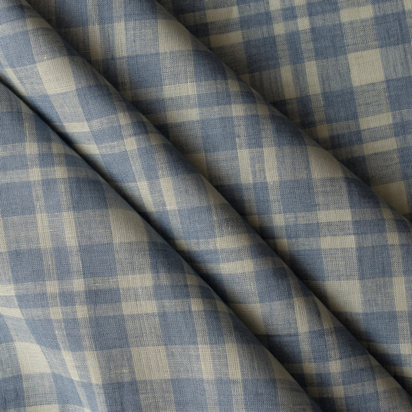 Moss Glen Plaid linen fabric in soft moss green and rustic blue, yarn-dyed plaid, 100% linen, 130 GSM, 60 LEA.