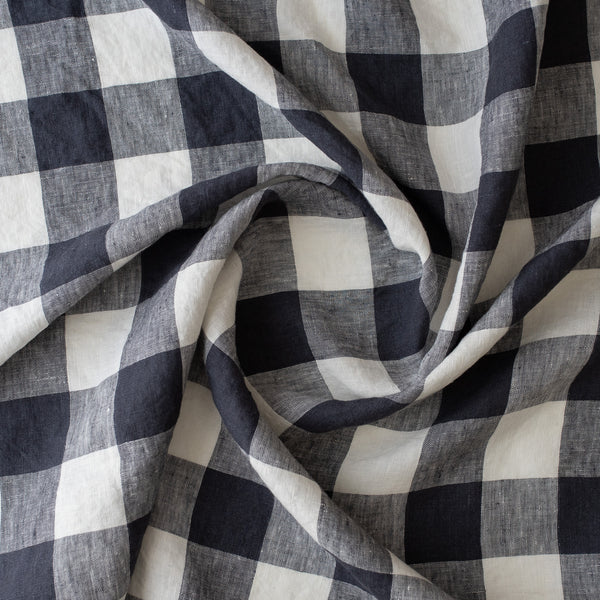 Navy Check extra wide 100% linen fabric with navy, chambray navy and white 2.5cm checks for curtains, bedding and garments
