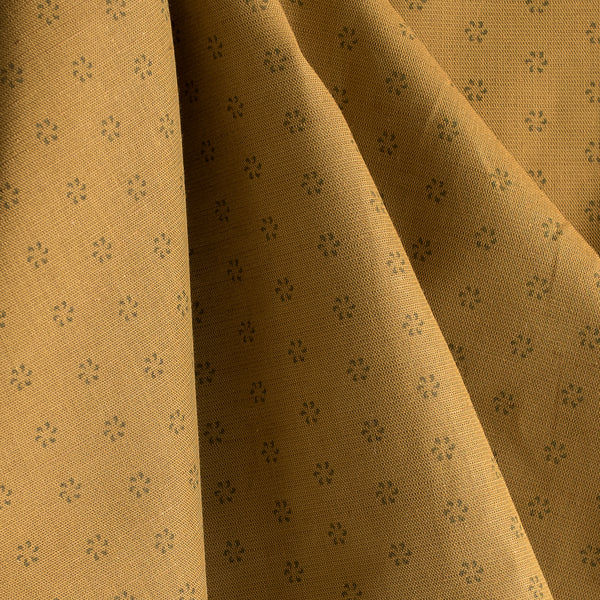 Ochre Whisper Linen Blend Fabric – golden ochre shade with subtle repeating print, lightweight 127 GSM