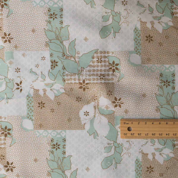Ornate Harmony Linen Blend Fabric – geometric & floral pattern in earthy moss, aqua & olive tones, lightweight 140 GSM