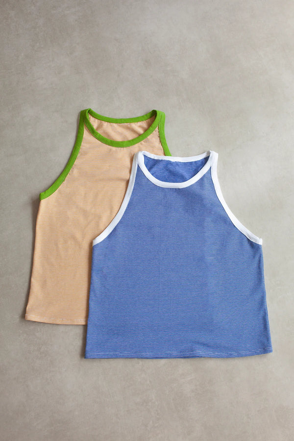 Racer Vest sewing pattern - sporty jersey vest with high neck, narrow shoulders, and low scoop underarms