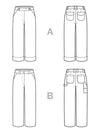 Line drawings of four pairs of Rika Pants in cropped tailored style with hem cuffs and tabbed waistband. labeled A and B on a white background